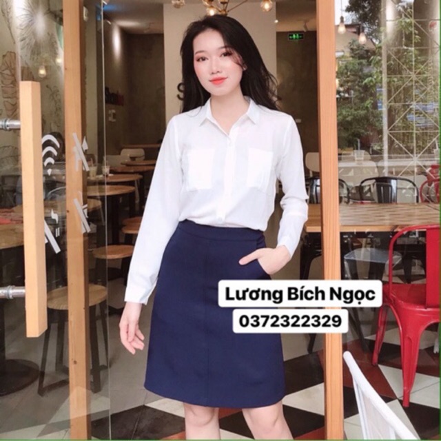 Chân váy chữ A công sở túi chéo 2 bên đến gối có đường mí giữa váy | BigBuy360 - bigbuy360.vn