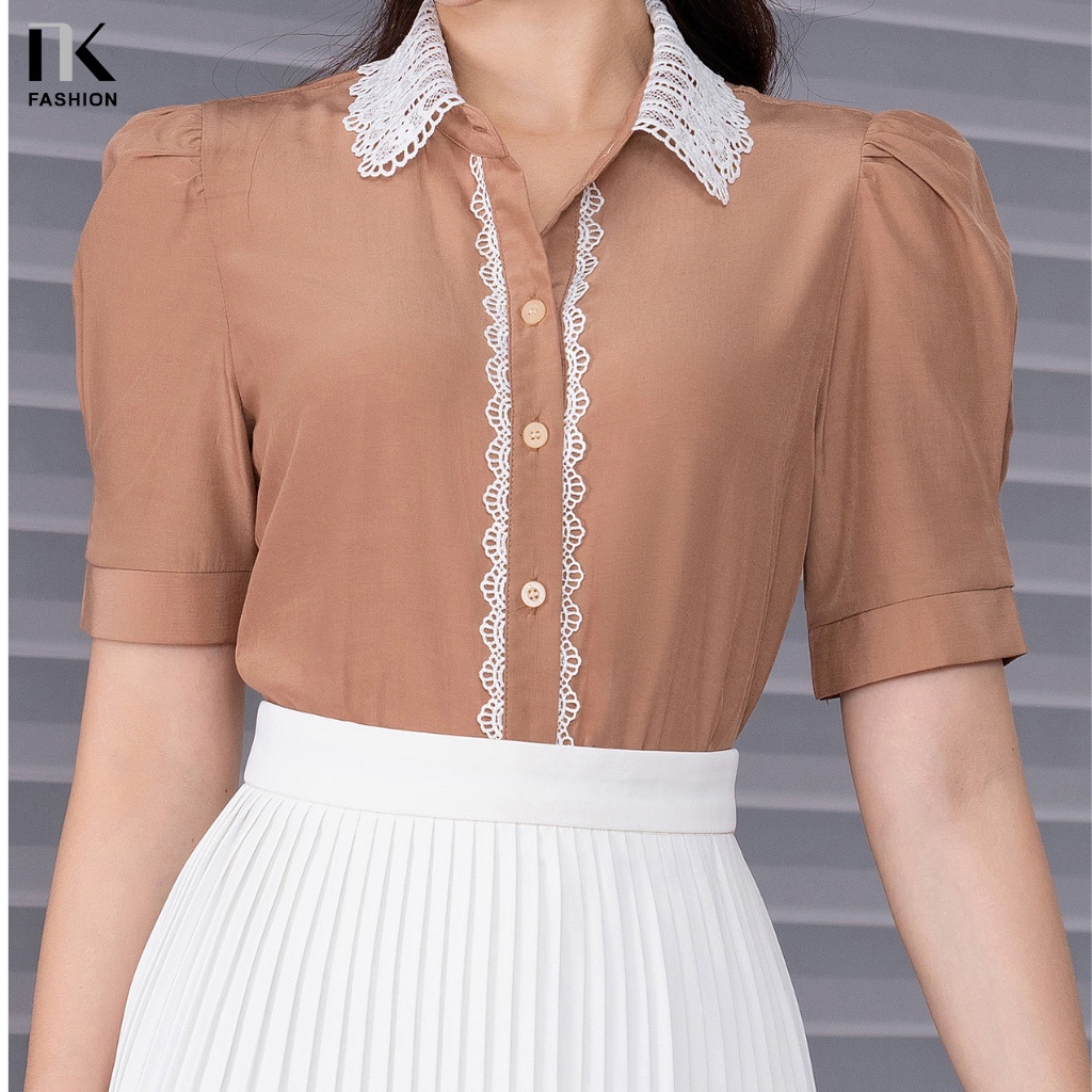 Áo Sơ Mi Cổ Đức Ren Dọc Nẹp NK FASHION Chất Liệu Thoáng Mát, Kiểu Dáng Thanh Lịch NKSM2206007