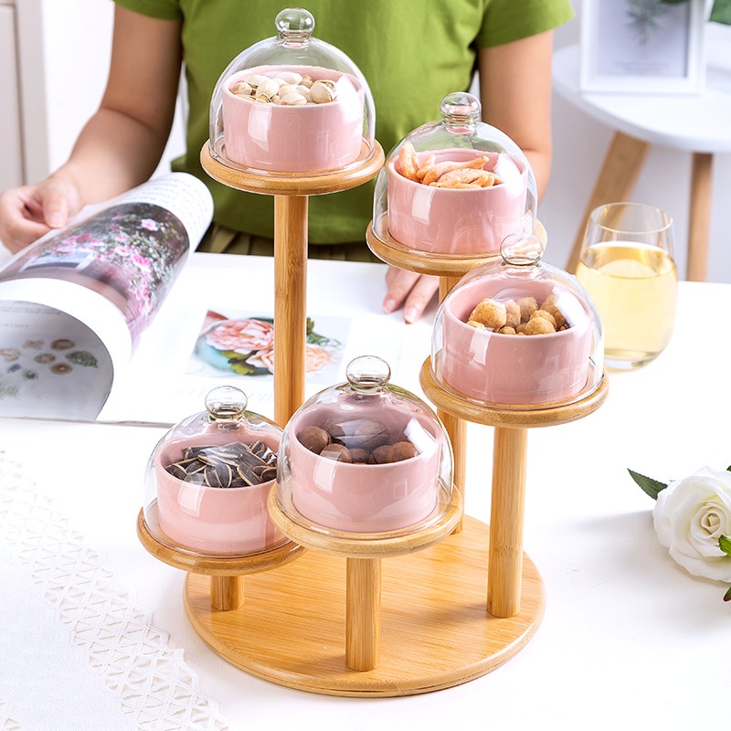 Bộ hũ sứ đựng mứt 5 tầng nắp thủy tinh khay mứt tết đẹp khay đựng bánh kẹo các loại hạt