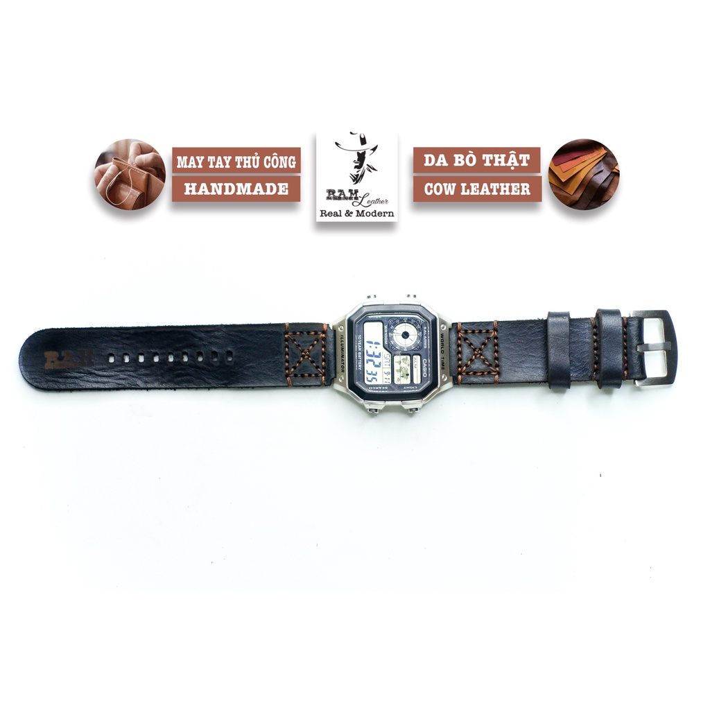 Dây đồng hồ RAM Leather Simple X Black cho CASIO 1200, AE 1200, 1300, 1100, A159 , A168 , Size 18