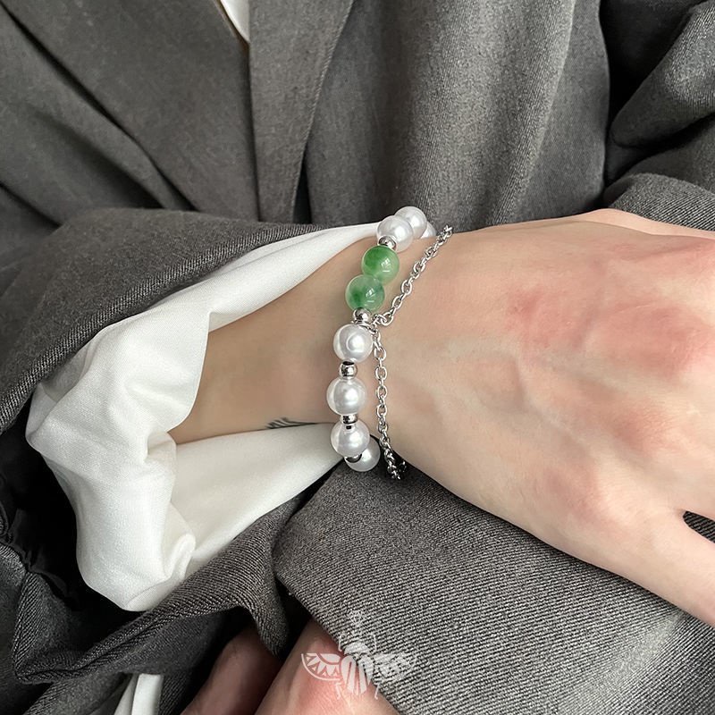 Vòng Tay Đôi Bằng Thép Titan Đính Ngọc Trai Giả Phong Cách hip hop Thanh Lịch Dễ Thương Dành Cho Cặp Đôi