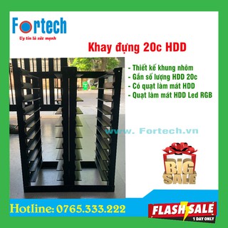 Khay đựng 20 ổ cứng HDD máy tính, khung nhôm, sơn bóng, có quạt làm mát.