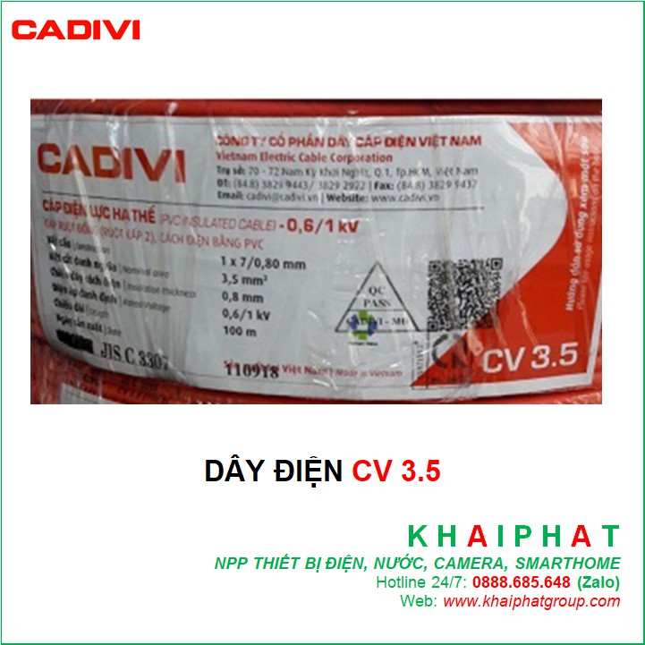 Cadivi Dây điện đơn cáp điện đơn Dây điện mềm CV3.5 CV 3.5 CHẤM MM2 giá tốt giá rẻ hàng chính hãng - KHẢI PHÁT ELECTRIC