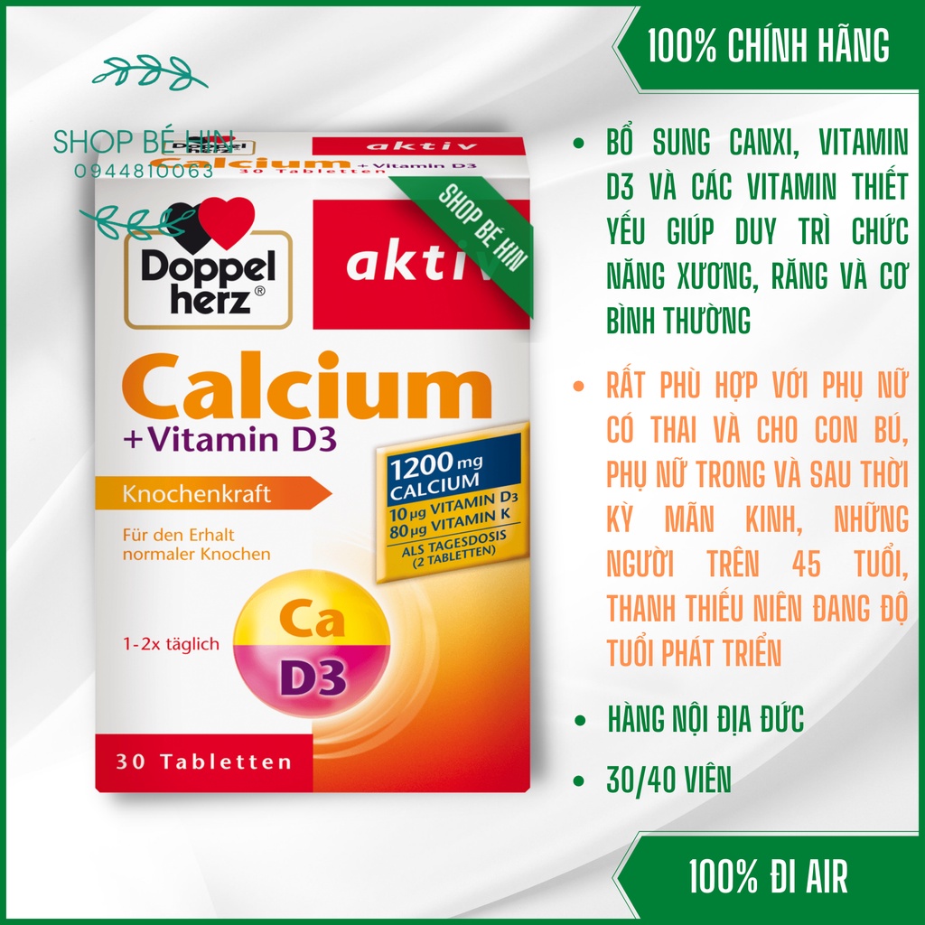 (Bill Đức, 30/40 viên) Viên uống bổ sung Canxi Doppelherz Calcium Vitamin D3 1200mg, hàng Đức, Shop Bé Hin