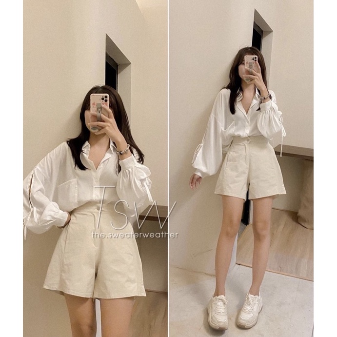 [Ảnh thật/Sẵn/Video]Quần sooc thô khuy lệch chun sau/Quần sooc thô style Ulzzang