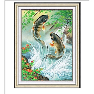 Tranh Thêu Chữ Thập (THÊU KÍN) Ca Chép Hóa Rồng 89003 (Khách tự thêu) KT:51x67cm