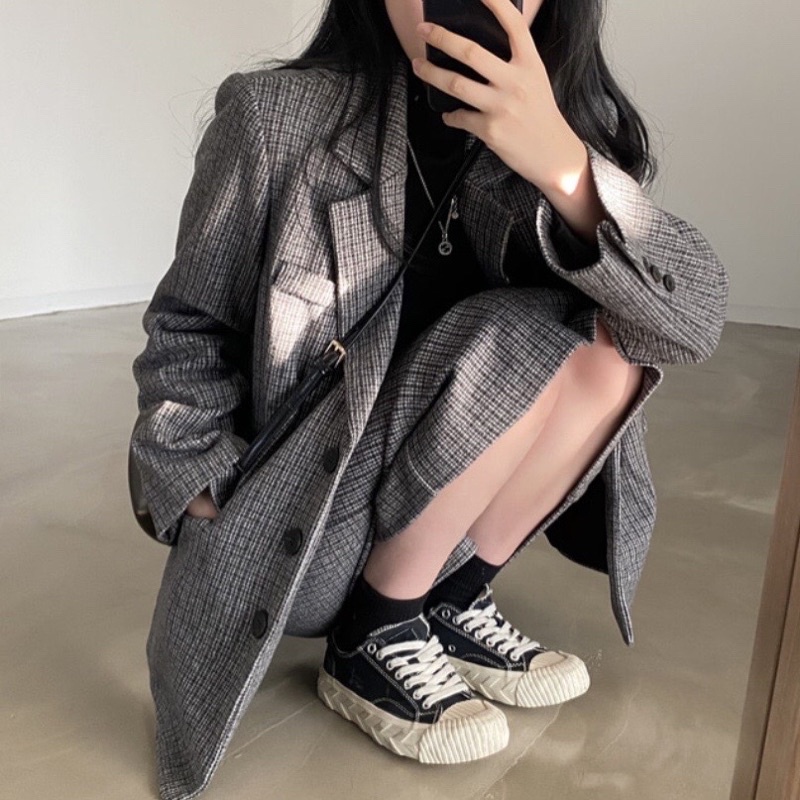 Set áo blazer caro chân váy chữ A