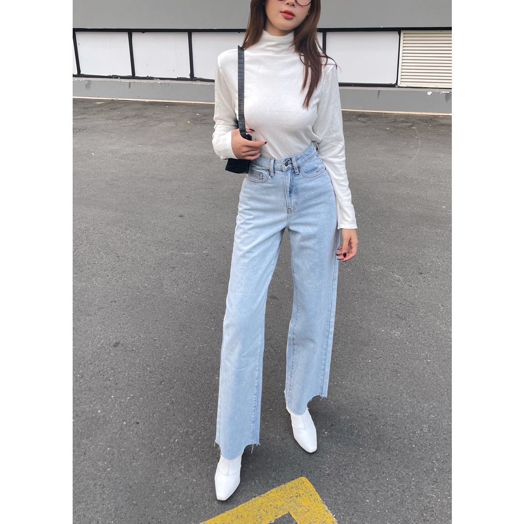 Quần jeans HEYBEE ống suông kiểu tháo túi 1 bên, lưng cao siêu cool (2 màu) - HJ1144.