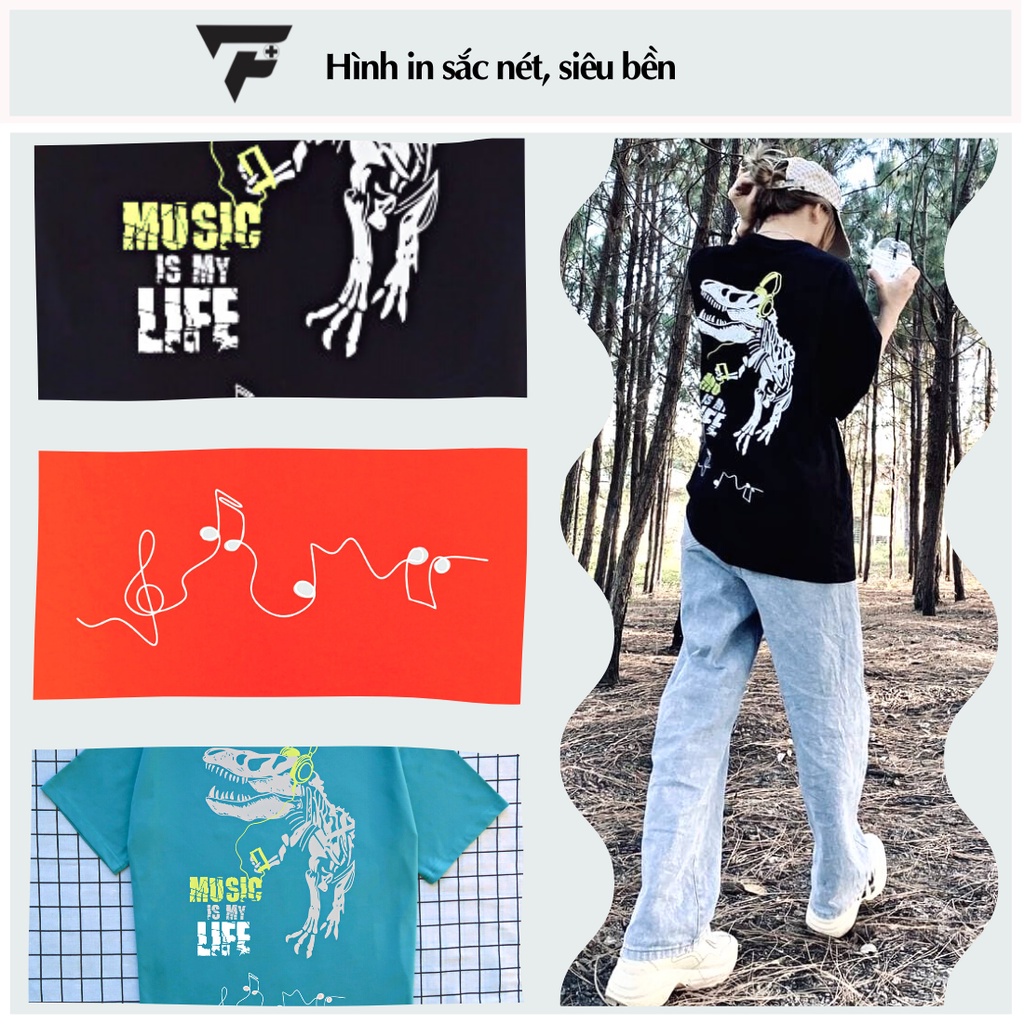 Áo thun tay lỡ unisex form rộng hot trend 2022 khủng long music is my life FPLUS FP15