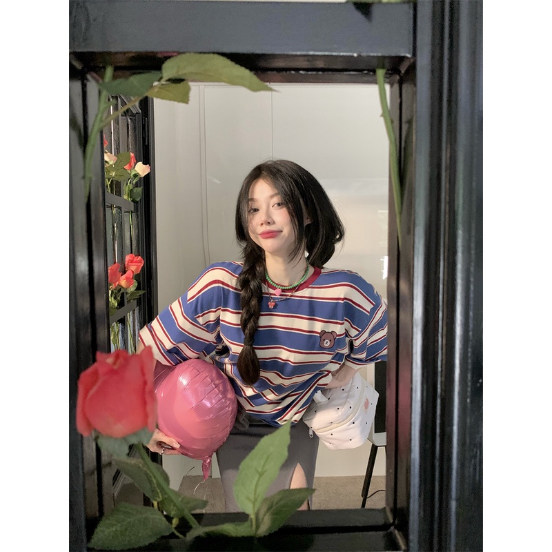 Áo Thun Cotton Cổ Tròn Dáng Rộng Thêu Hình Chú Gấu Thời Trang Hàn Quốc Dành Cho Nữ