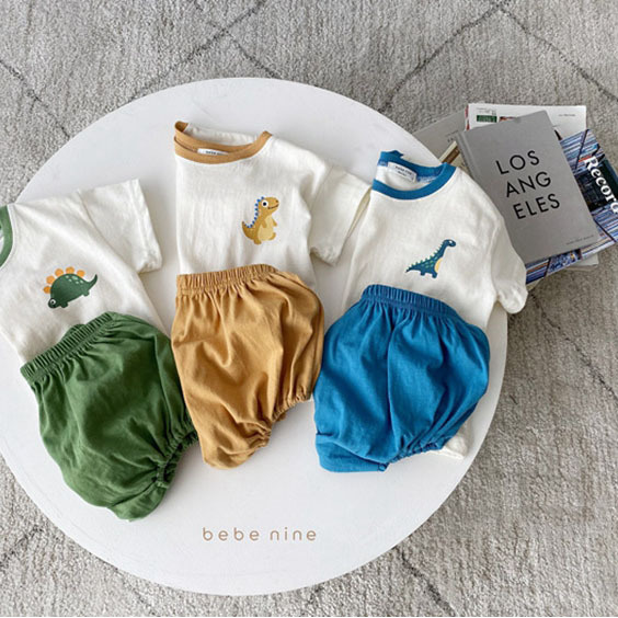 Set áo thun + quần đùi họa tiết khủng long hoạt hình thời trang hè đáng yêu cho bé