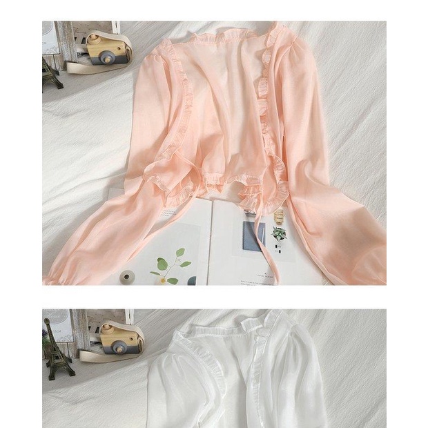 áo sơ mi chiffon croptop khoác mỏng cardigan phối dây rút chống nắng phong cách hàn quốc dễ phối đồ thời trang mùa hè cho nữ