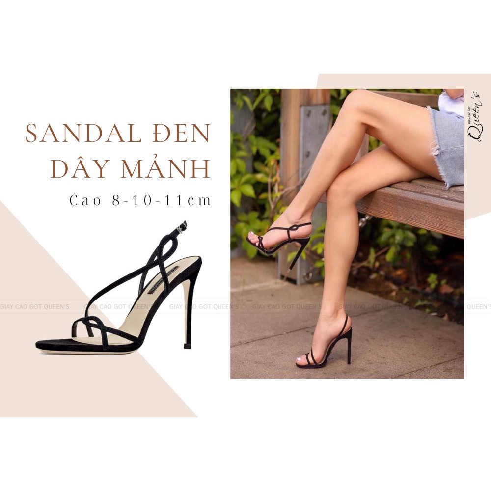 Giày cao gót sandal đen dây mảnh, cao 8-10-11cm, chất da lộn, thiết kế thanh mảnh