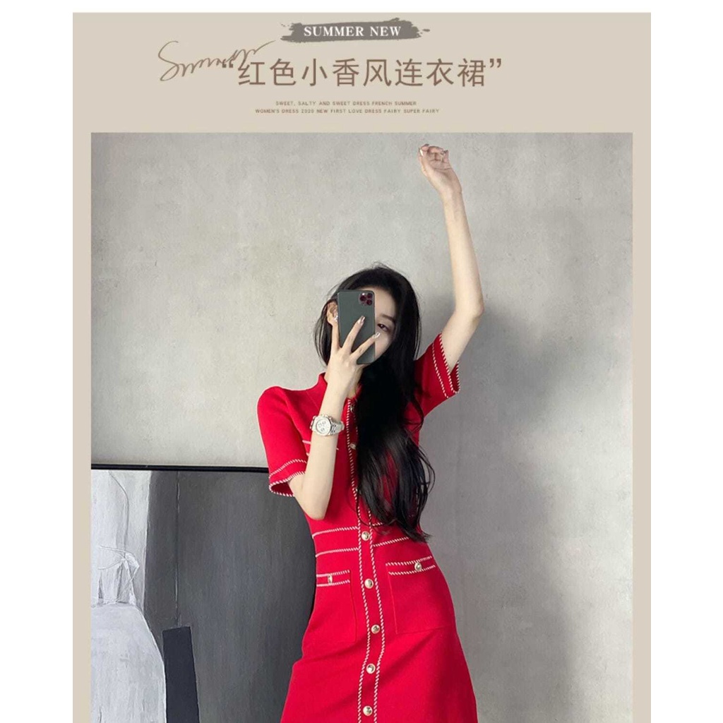 CHANEL Đầm dệt kim màu đỏ thời trang mùa hè Pháp 2021 cho nữ
 | BigBuy360 - bigbuy360.vn