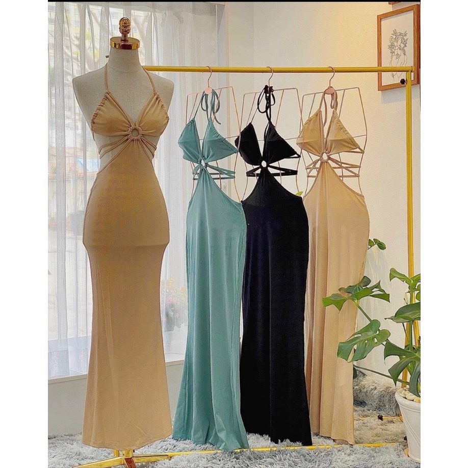 Đầm body gân cổ yếm có mút khoen trước khoét eo dây quấn eo hở lưng sexy MS57