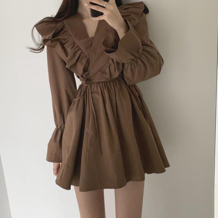 COZOK Đầm tay loe cổ chữ V phong cách vintage