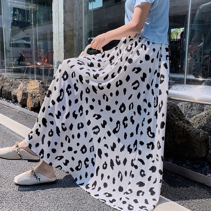 Chân váy midi BH chiffon chữ A lưng thun cao in họa tiết da báo thời trang 2022