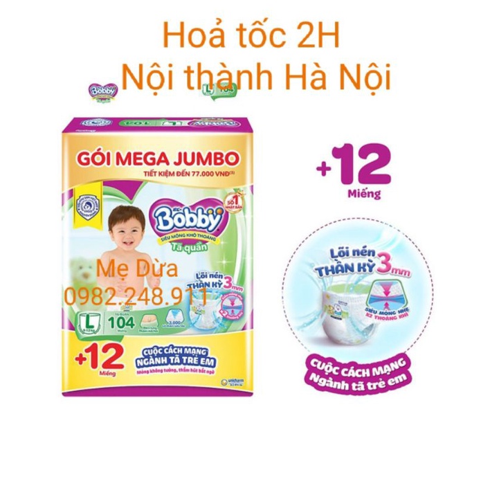 Tã quần Bobby mới Mega Jumbo M120, L104, XL92, XXL84 - Lõi nén thần kì 3mm - Siêu mỏng khô thoáng bất ngờ