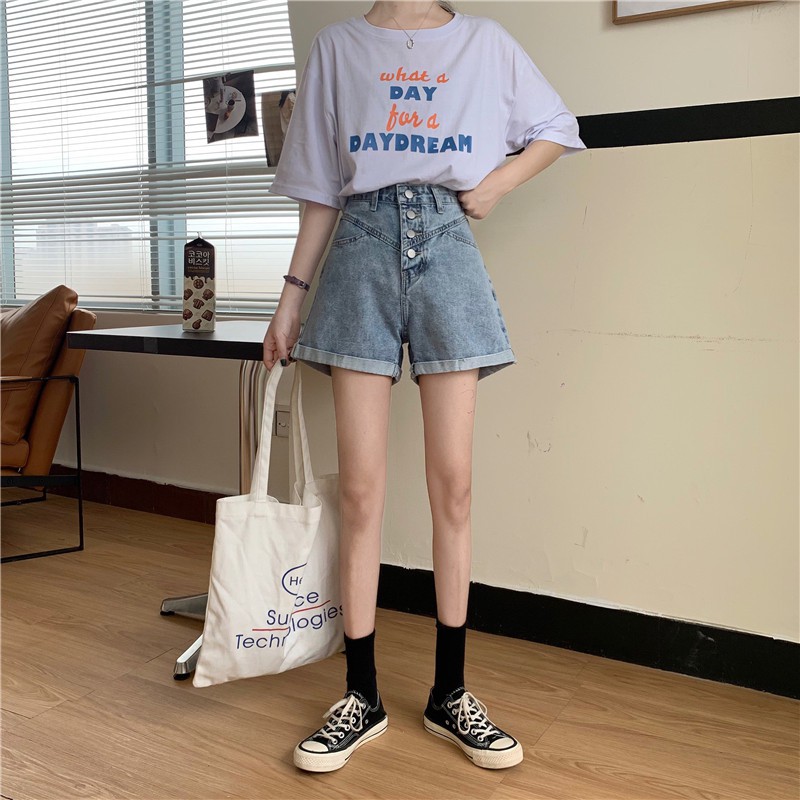 Xiaozhainv Quần short denim eo cao ống rộng phong cách Hàn Quốc | BigBuy360 - bigbuy360.vn