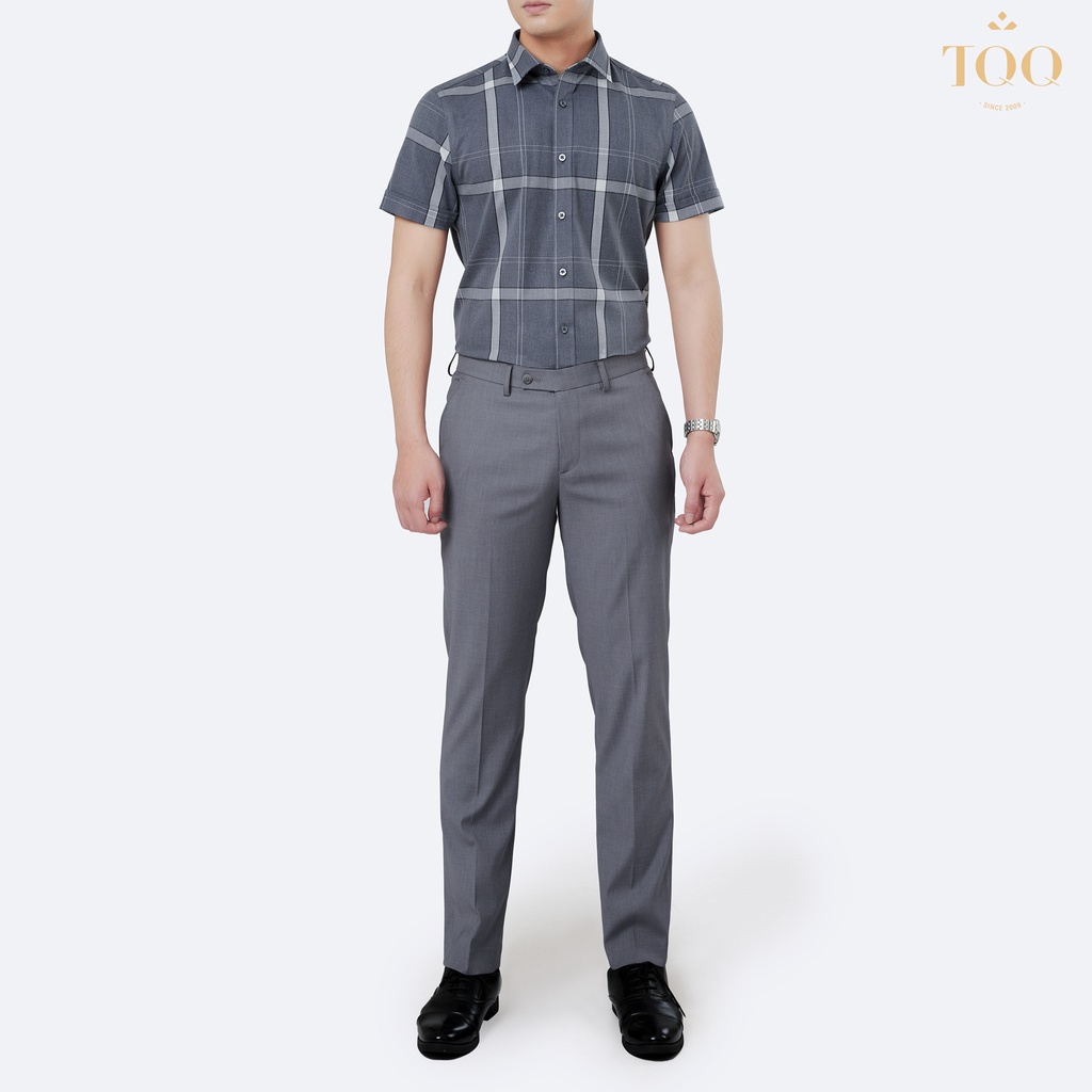 Áo sơ mi nam cao cấp ngắn tay TQQ dáng Slim fit công sở ôm nhẹ K455CSC phối kẻ lịch thiệp và hiện đại