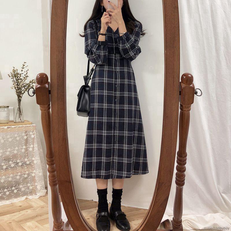 Đầm nữ tay dài họa tiết caro phong cách retro