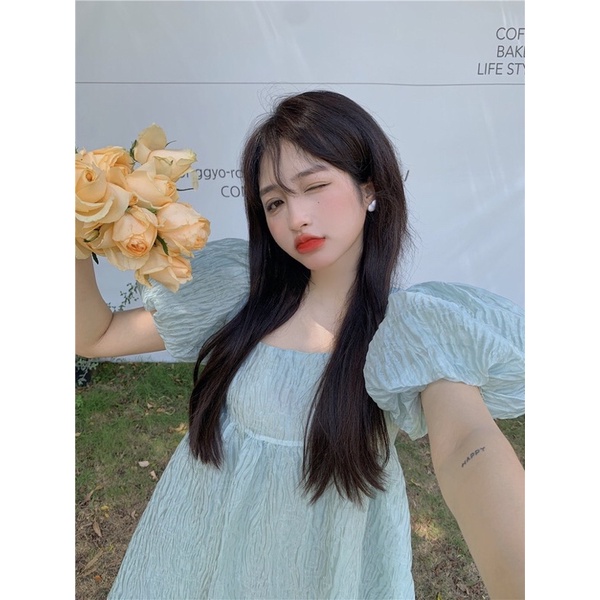 Đầm Babydoll Vải Xốp Sần Xám Xanh Tay Bồng Dáng Xoè Siêu Yêuu