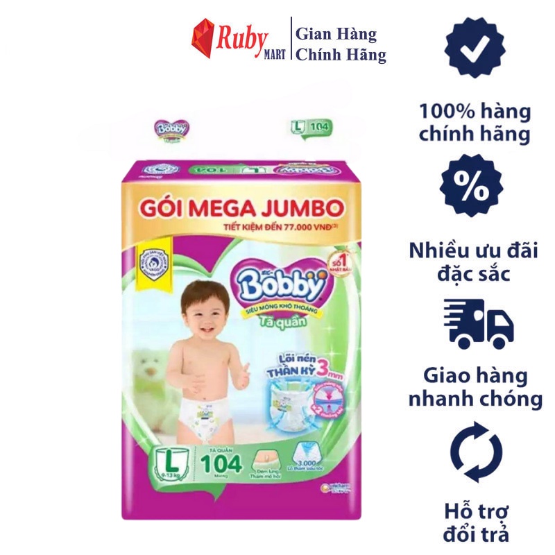 Tã quần Bobby mới Mega Jumbo M120/L104/M76/L68/XL62/XXL56/XXXL34