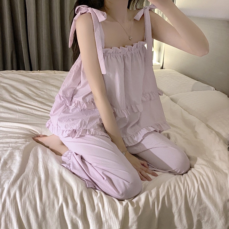 Đồ Ngủ_ Đồ Bộ Nữ Mặc Nhà Chất Mát 2 Dây Thắt Nơ Viền Bèo Quảng Châu