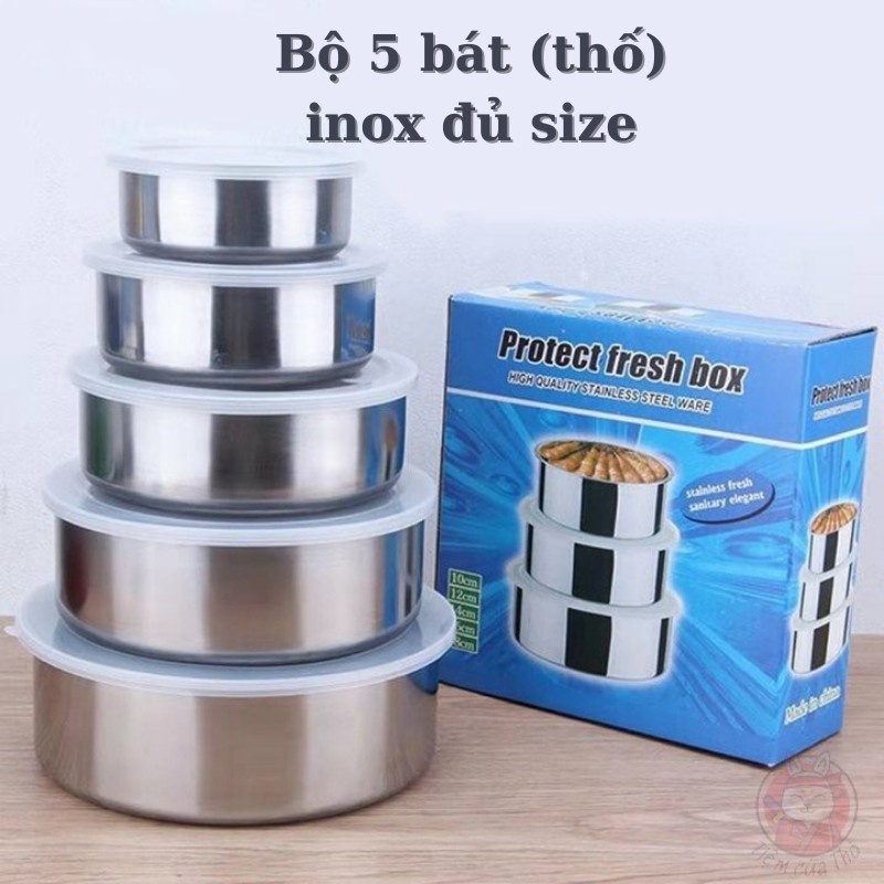 Bộ 5 thố INOX có nắp đậy - bát inox - bát inox có nắp - Thố inox