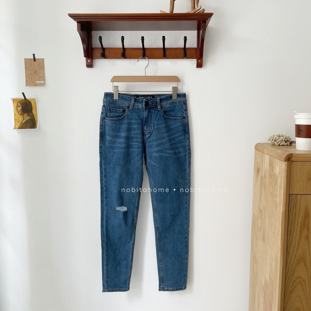 NOBITA HOME - SLIM FIT JEANS AJ RÁCH 1 GỐI XANH ĐẬM