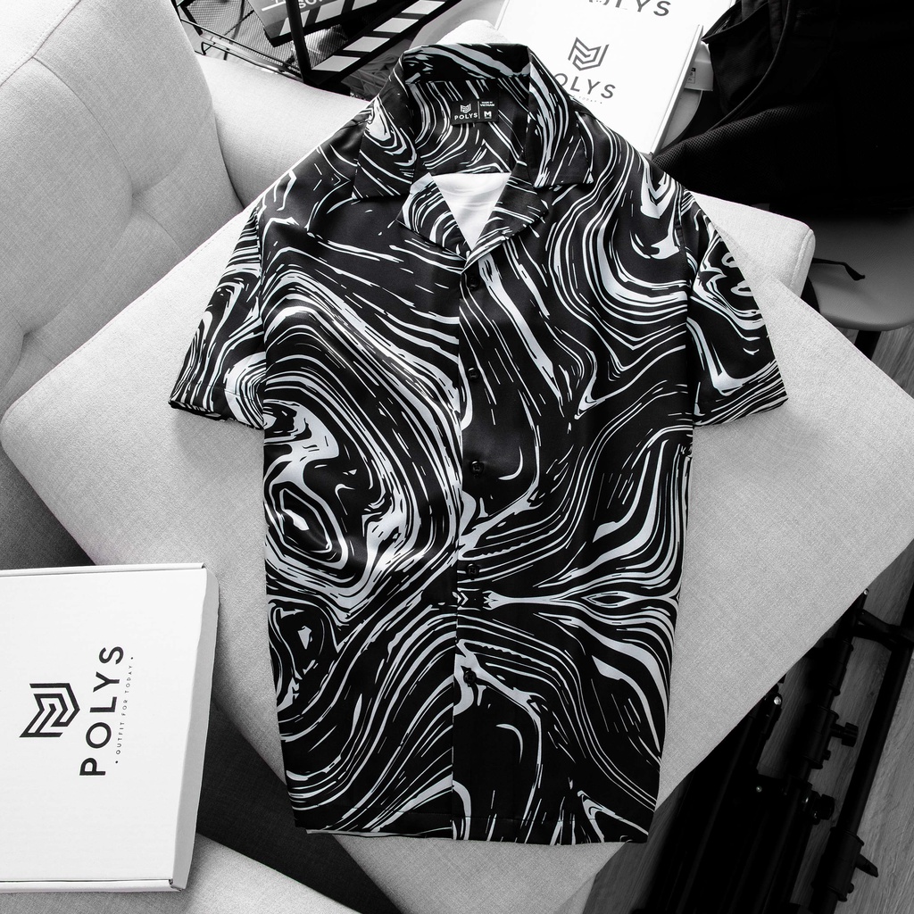 Áo sơ mi nam POLYS Fullbox chính hãng, Lụa Vân Chéo thoáng mát, không nhăn. Sơ mi tay ngắn họa tiết BLACK MARBLE