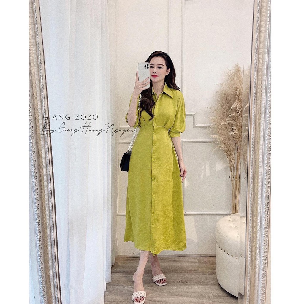 ⚡CHẤT ĐŨI TẰM⚡Đầm sơmi dáng xòe chất đũi tằm màu xanh cốm có dây buộc eo | BigBuy360 - bigbuy360.vn