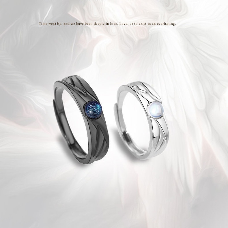 Nhẫn Đính Đá Mặt Trăng Màu Trắng Đen Hình Thiên Thần Ác Quỷ Cho Cặp Đôi