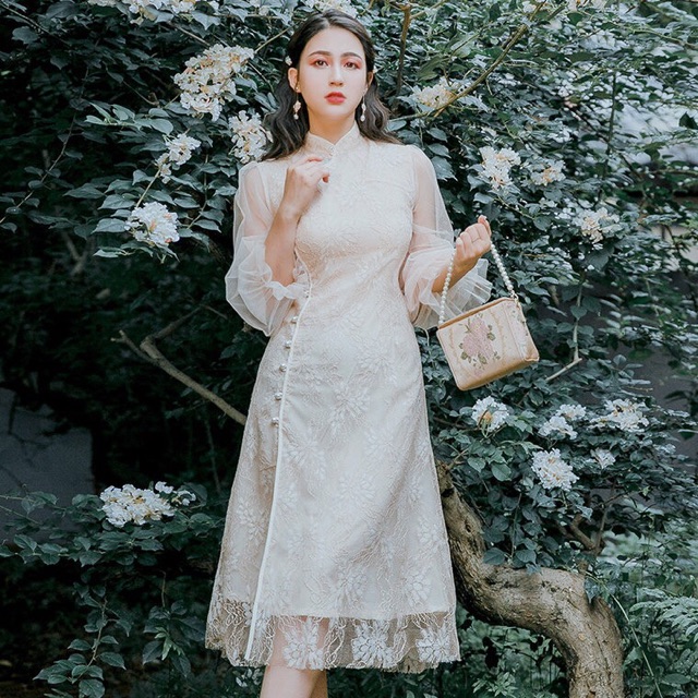 Sườn xám cách tân🌸 phối ren hoa xẻ tà dáng váy dài quảng châu