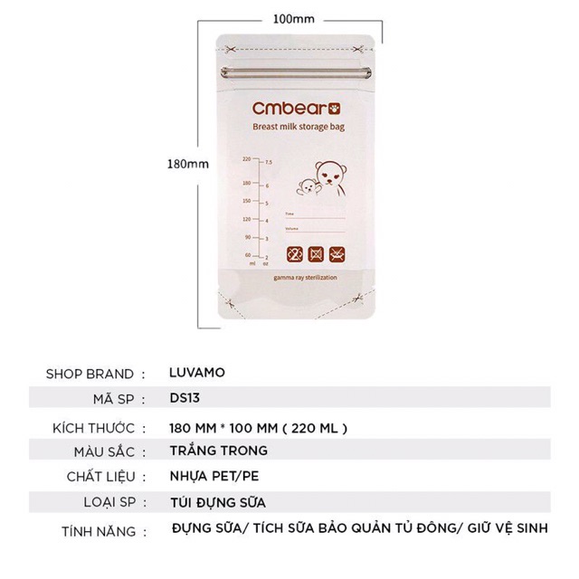 Túi Trữ Sữa CMBEAR 220ml hộp 30 túi - Hàng Xuất Châu Âu