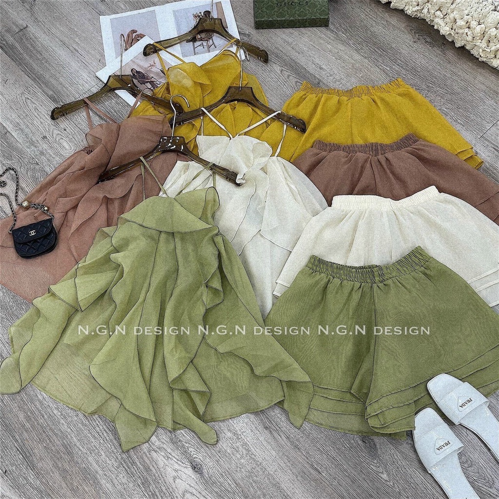 Sét váy Áo Voan cổ yếm nhún bèo điệu đà cafe , dạo phố , tiểu thư