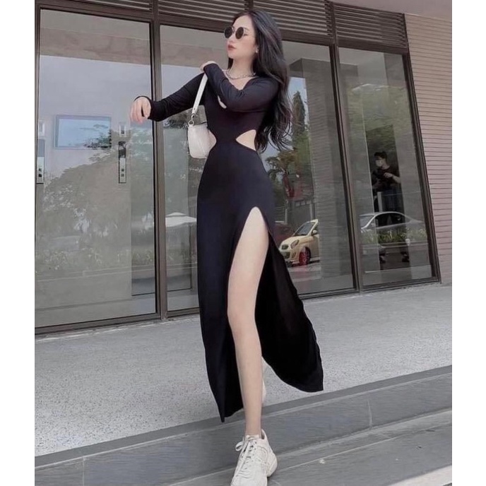 Đầm body dài tay xẻ tà CÓ MÚT khoét eo dáng dài sexy sang chảnh alohashop91