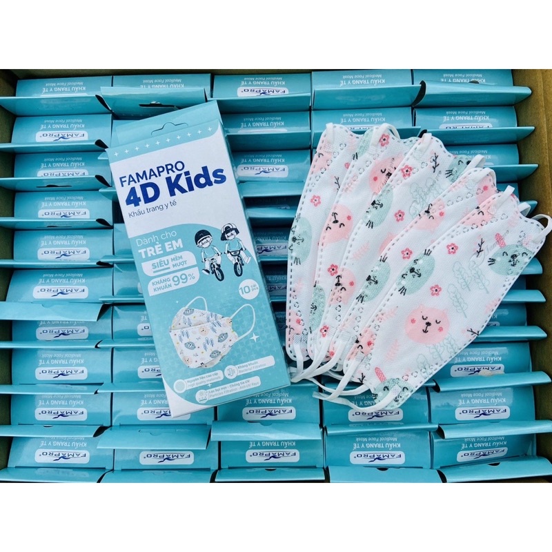 [4D MASK KIDS (KF94)- THÙNG 50 HỘP- HỘP 10 CÁI] Khẩu trang y tế trẻ em cao cấp kháng khuẩn 3 lớp Famapro 4D Kids