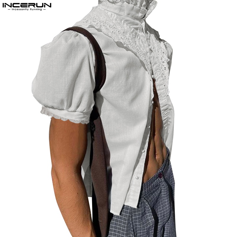 INCERUN Áo Sơ Mi Trắng Tay Ngắn Phồng Phối Nút Thời Trang Cho Nam