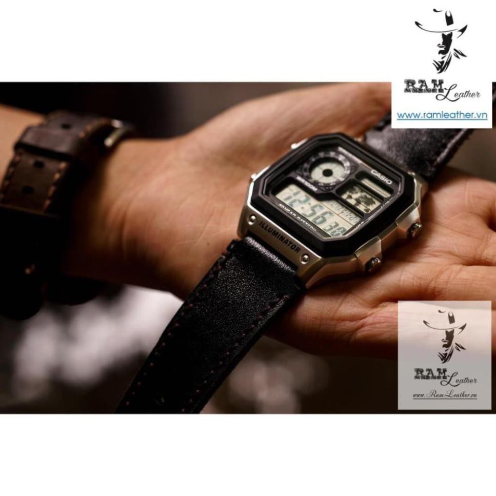 Dây đồng hồ da bò cho Casio AE1200 WHD và Seiko 5 37mm  - Da bò đen tuyền   . . . . *