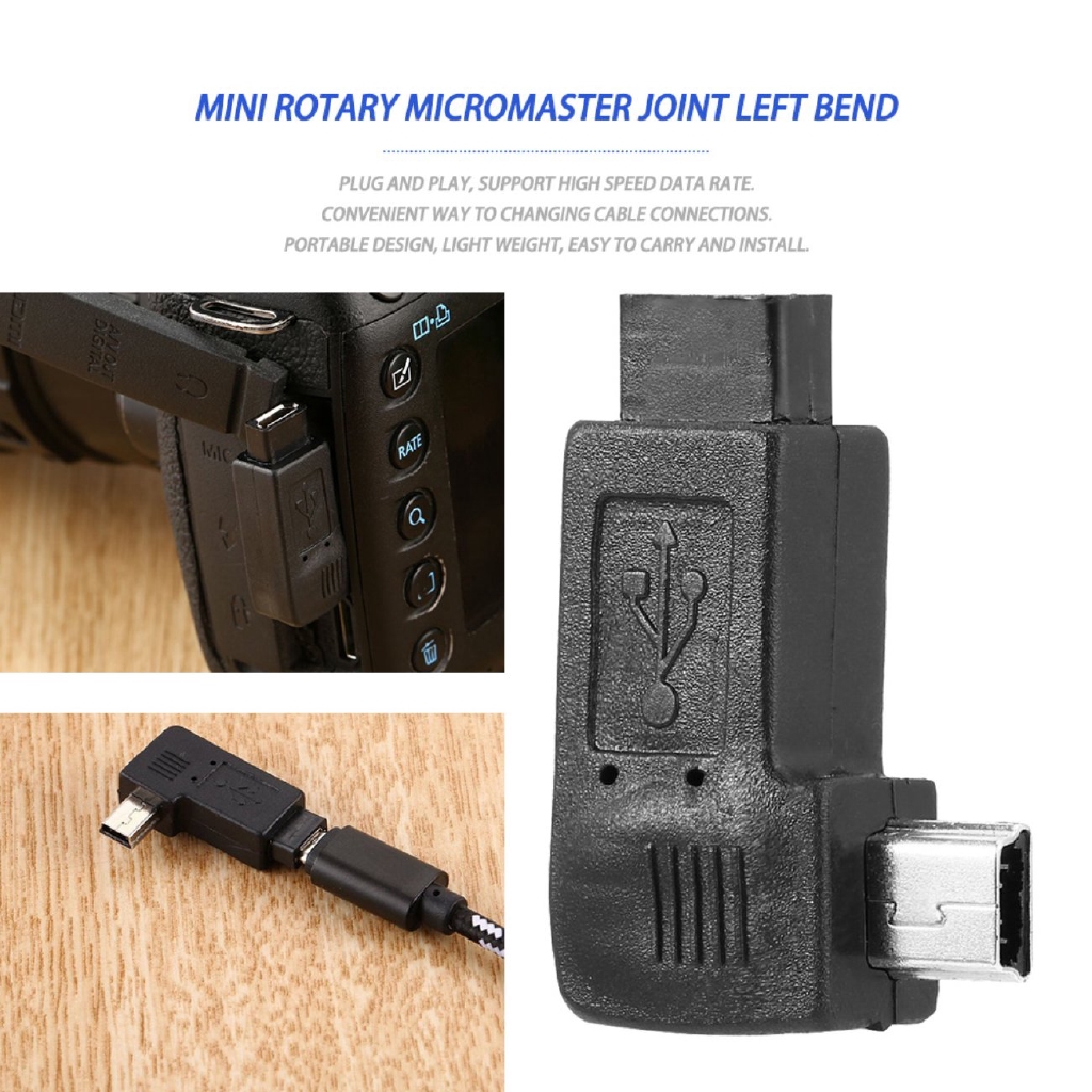 A Black Mini 5 Pin Male to USB Micro 5 Pin Female 90 Degree Angle Adapter Converter