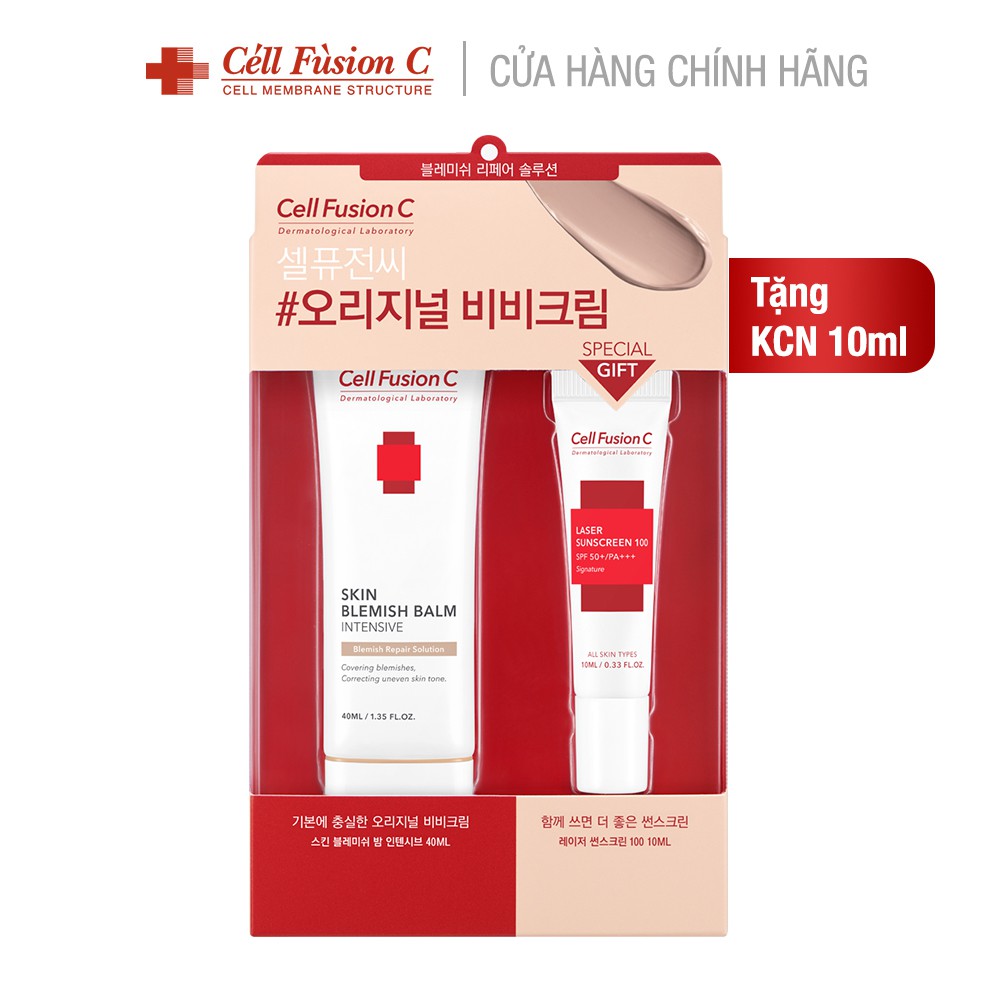 Set Kem Trang Điểm Dưỡng Cell Fusion C Skin Blemish Balm Intensive 40ml + Laser Sunscreen 10ml