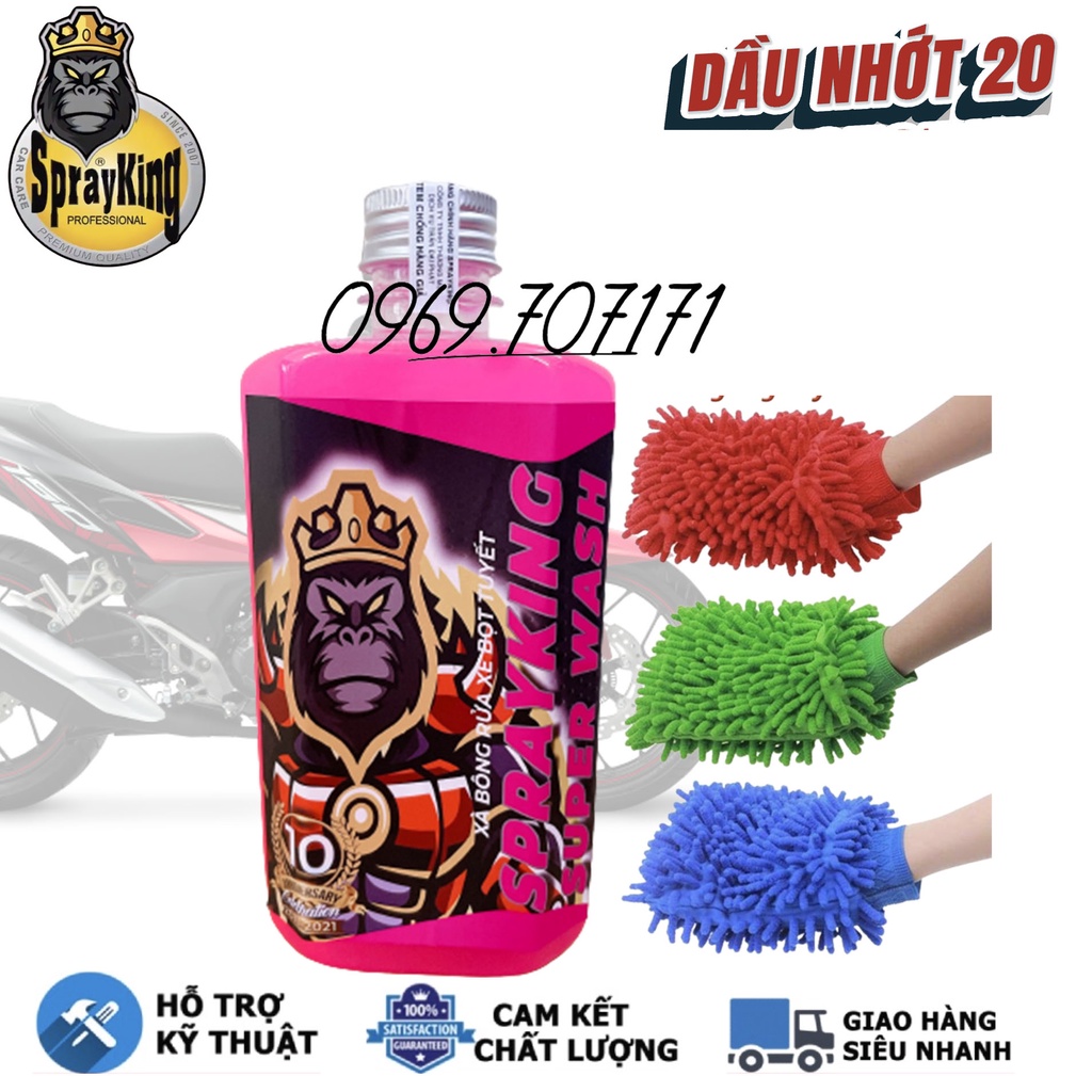 Combo Nước rửa xe Sprayking bọt tuyết 500ML mẫu mới rửa xe siêu bóng, Kèm bao tay rửa xe, cọ cán đen