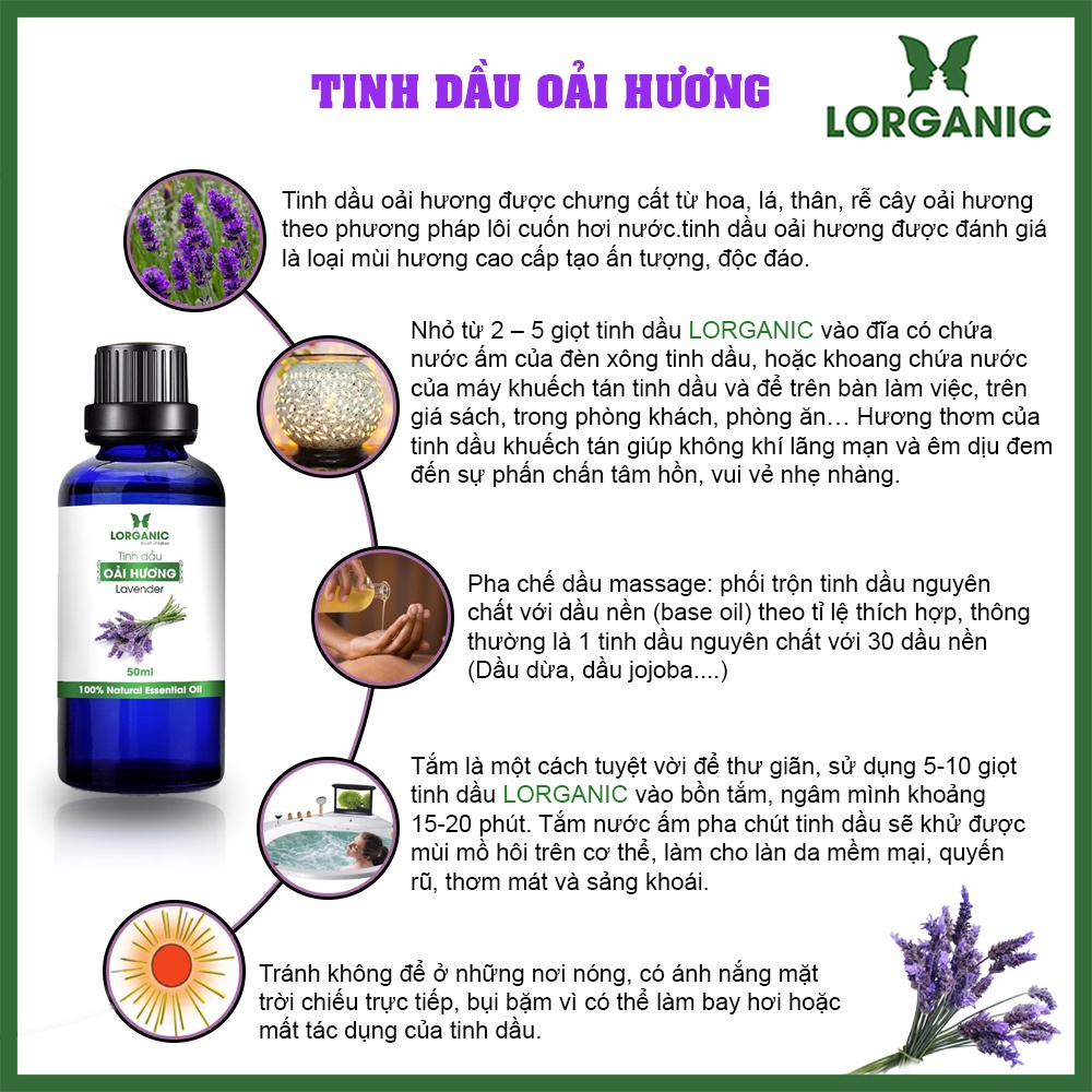 Tinh dầu oải hương nguyên chất Lorganic Lavender 100% Natural Essential Oil 10ml, 50ml
