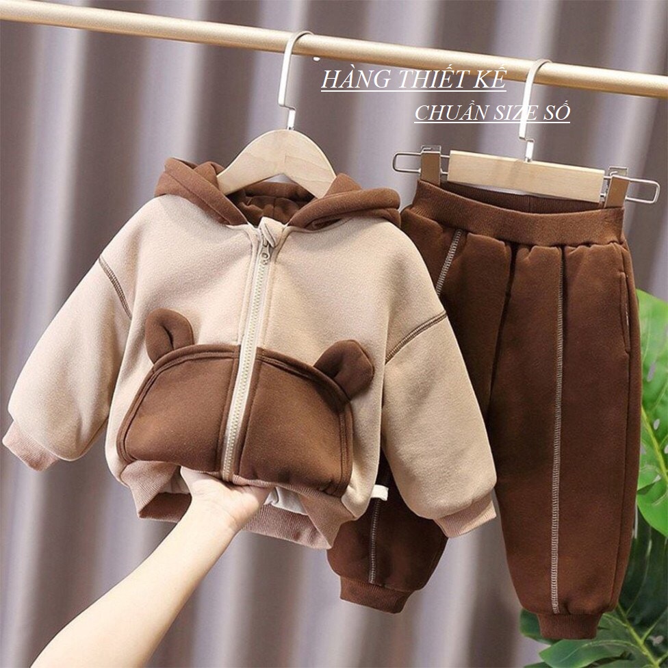 Bộ Áo Khoác Quần Nỉ Thu Đông Cho Bé, Bộ Nỉ Bông Tai Gấu Cao Cấp Cho Bé Trai Bé Gái Từ 6-28kg Hàng Xuất Khẩu