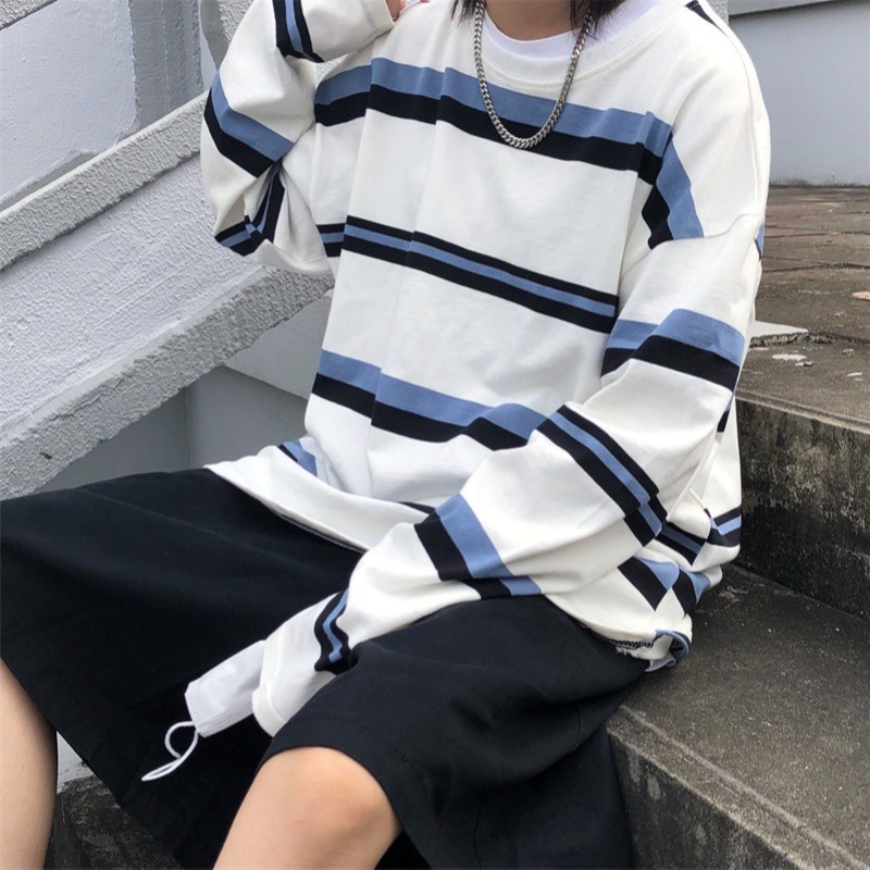 Áo thun cổ tròn tay dài họa tiết kẻ sọc thời trang dành cho nam