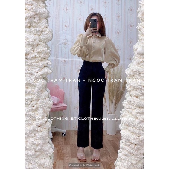 Áo sơ mi voan tơ óng ánh tay bồng cổ sen be dáng thụng tiểu thư sang chảnh