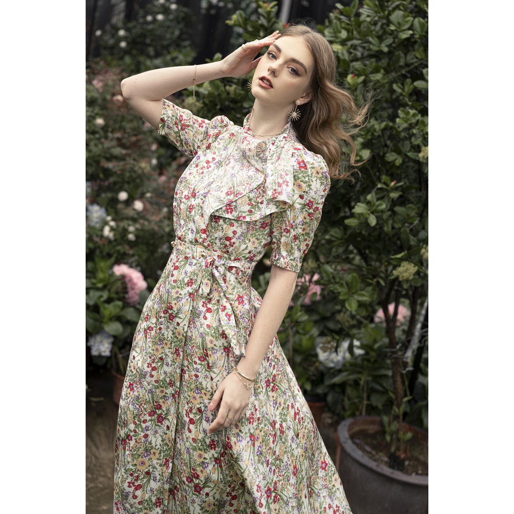 Đầm hoa xòe Emspo, giao cúc mở vạt, buộc nơ eo, cổ bẻ lá cổ bản to DM4008