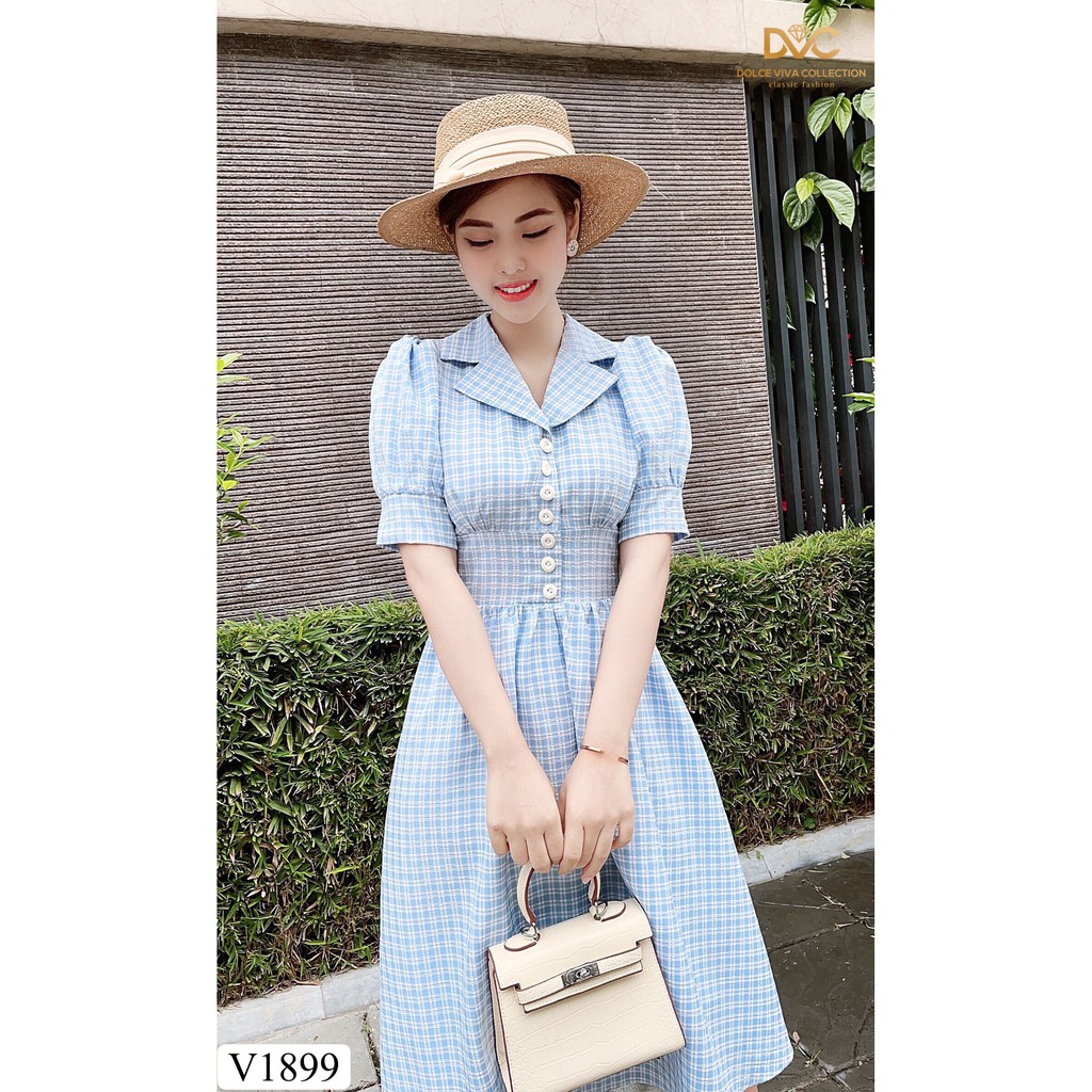Váy xanh kẻ xòe V1899 - ĐẸP SHOP DVC ( Ảnh mẫu và ảnh trải sàn do shop tự chụp )