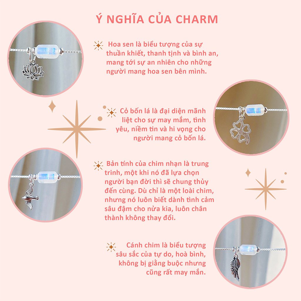 Vòng Tay Bạc Nữ Lu Thống Moonstone Mix Charm Bạc 925 May Mắn Cara Gem CR25